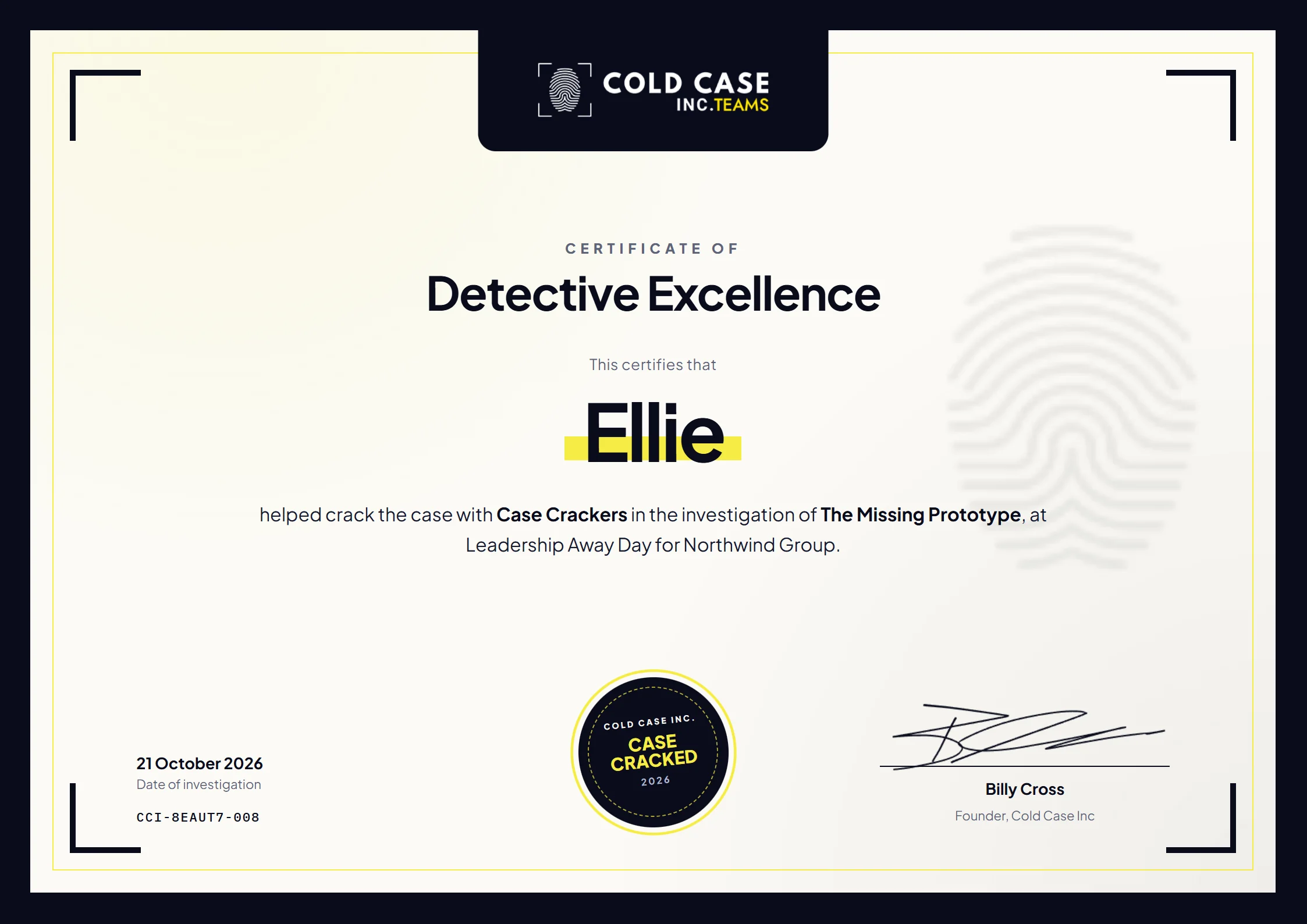 A Cold Case Inc certificate of Detective Excellence