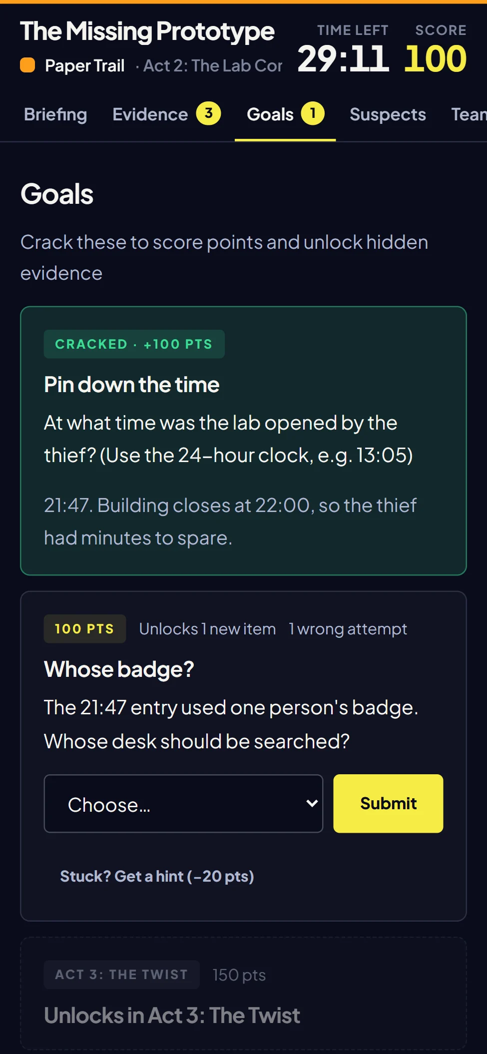 Goals and hints on a player’s phone