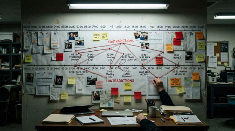 Detailed timeline chart with statements, receipts and marked contradictions during alibi deconstruction