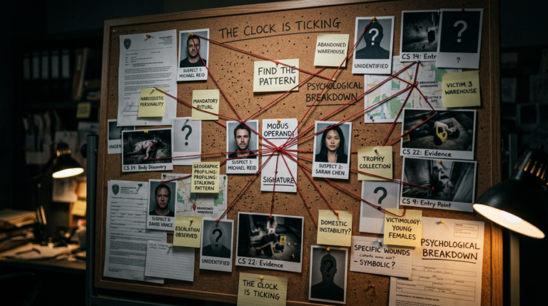Psychological profiling board with suspect photos and behavioral analysis notes