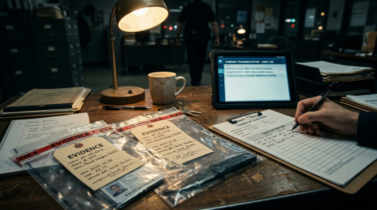 Evidence bags with tamper-evident tape and chain of custody documentation on a detective's desk, showing proper evidence handling procedures