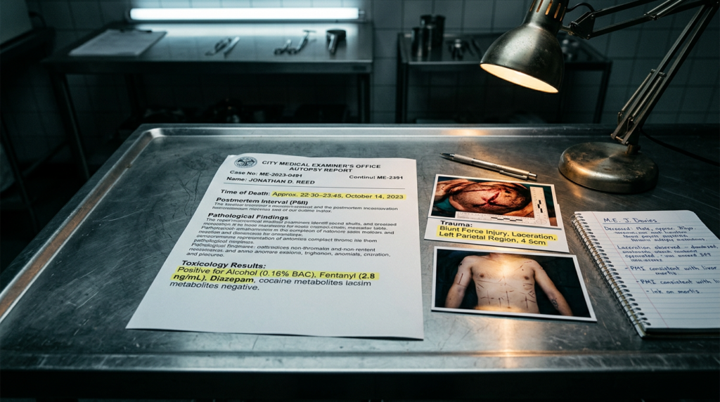 Medical examiner's report and autopsy documentation on a desk with highlighted time of death and toxicology notes