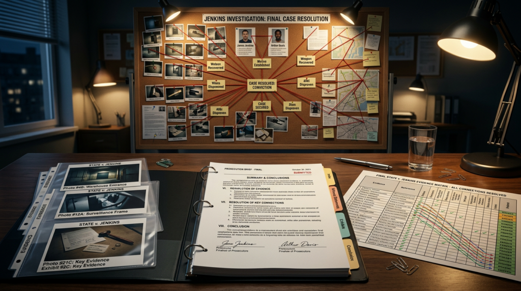 Completed prosecution brief with organized evidence, final report and resolved red string investigation board