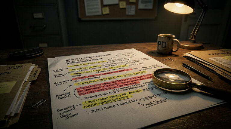 Close-up of a witness statement transcript with highlighted verbal red flags, tense changes, and pronoun shifts used in statement analysis