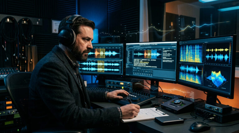Detective analyzing audio waveforms from 911 calls and witness interviews in a forensic sound lab