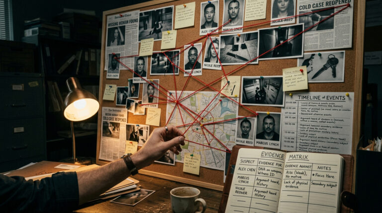Detective investigation board with red string connecting suspect photos, notes, and timelines, featuring a clear Evidence Matrix table for systematic investigative thinking