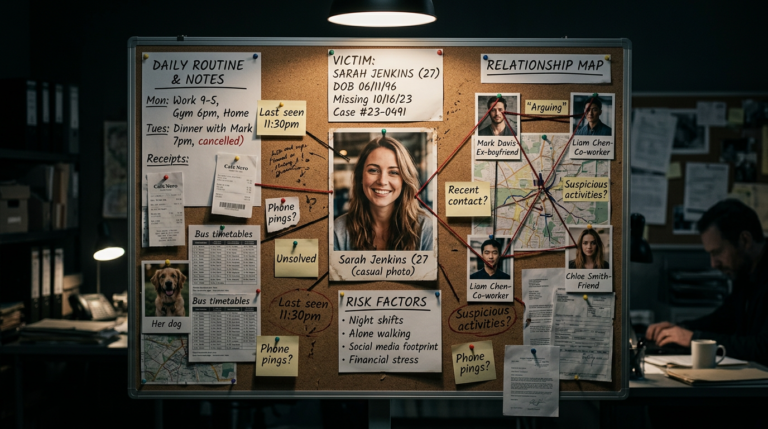 Victim profile board displaying personal photos, daily routines, risk factors and relationship connections in a murder investigation