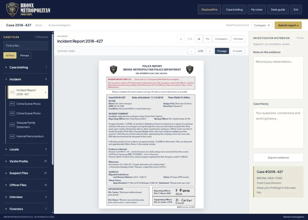 Examine the opening incident report in the Bronx Metropolitan Police investigation system.