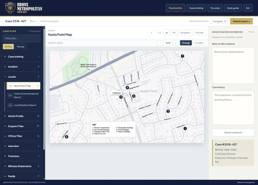 Study the Hunts Point map in the Bronx Metropolitan Police investigation workspace.