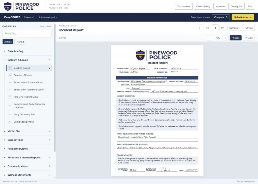Work through the police records in a dedicated investigation workspace.